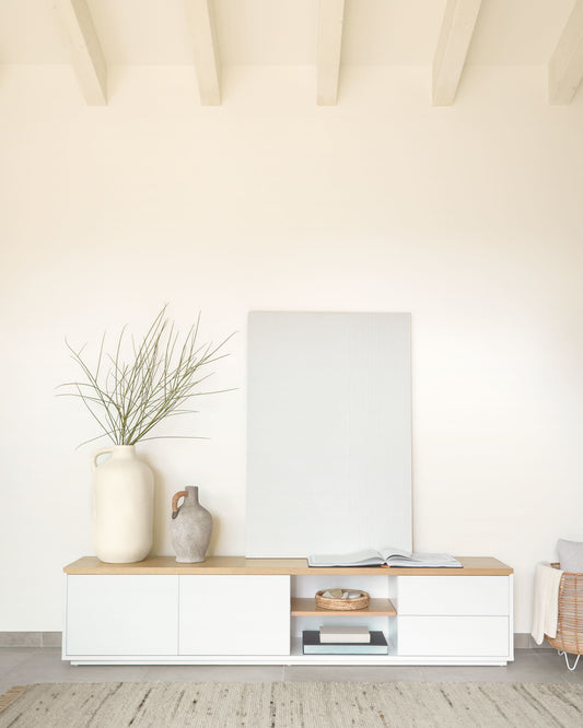 Mobile TV Abilen 2 ante 2 cassetti impiallacciato rovere laccato bianco 200x44 cm