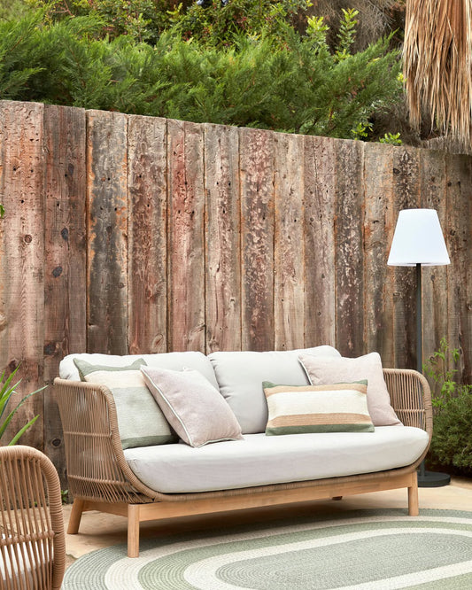 Divano Catalina 3 posti in corda beige e legno massello di acacia 170 cm