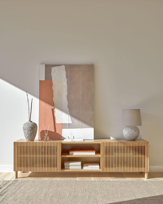 Mobile TV Beyla 2 ante in legno massello e impiallacciato rovere 180 x 49,5 cm