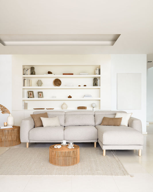 Divano Singa 3 posti con chaise longue destra, poggiatesta reclinabile e sedile allungabile beige 296 cm