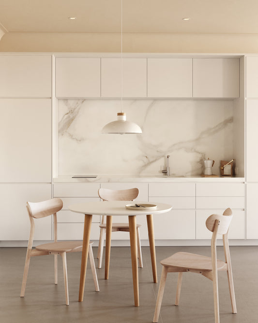 Tavolo rotondo allungabile Oqui MDF laccato bianco e gambe in faggio massiccio 90 (170) x 90 cm