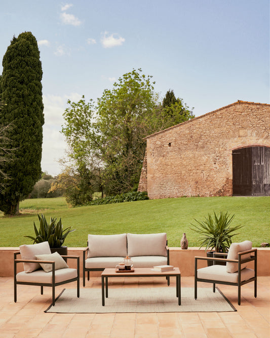 Set Aiguafreda divano 2 posti, 2 poltrone, un tavolino alluminio grigio e legno acacia