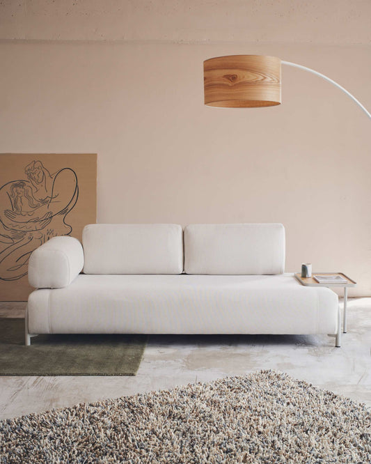 Divano Compo 3 posti ciniglia beige, vassoio grande impiallacciatura di rovere e telaio di metallo beige 232cm