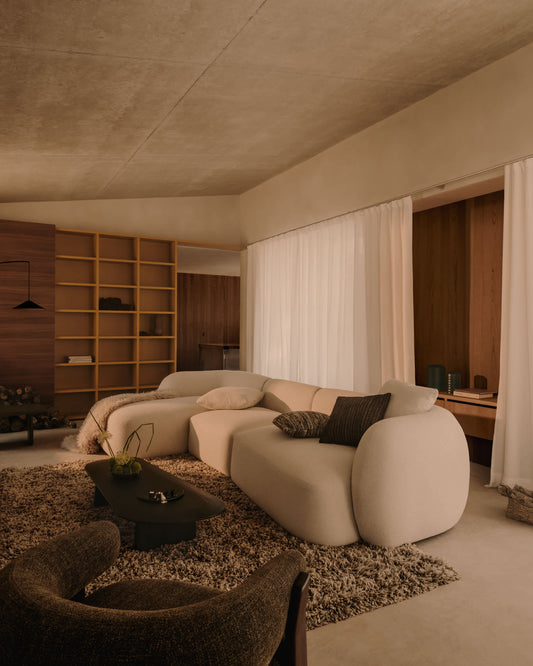 Divano modulare Martina 4 posti con chaise longue a sinistra ciniglia écru 377 cm