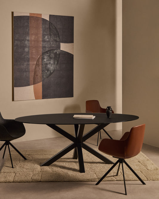Tavolo ovale Argo in vetro nero con gambe in acciaio finitura nera Ø 200 x 100 cm