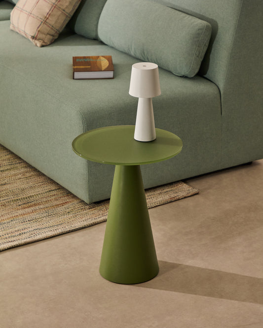 Tavolino d’appoggio Wilshire in vetro temperato smerigliato e acciaio verniciato verde opaco Ø35cm