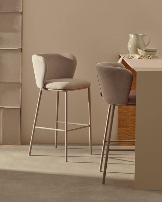 Sgabello Ciselia in ciniglia beige e acciaio beige altezza 75 cm