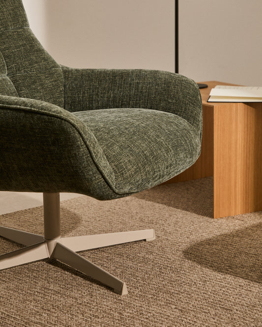 Poltrona girevole Teryl di ciniglia verde e metallo con finitura grigio