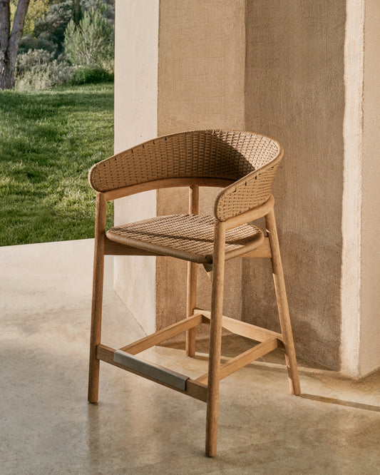 Sgabello Arinella in legno massiccio di acacia con finitura naturale e corda beige 65 cm