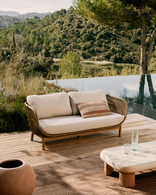 Divano Catalina 3 posti in corda beige e legno massello di acacia 170 cm