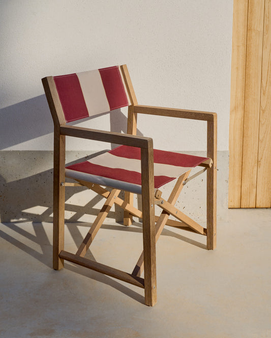 Sedia pieghevole da esterno Vilara a righe bordeaux e beige in legno massiccio di acacia