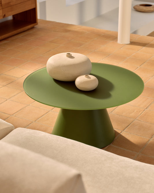 Tavolino Wilshire in vetro temperato smerigliato e acciaio verniciato verde opaco Ø80cm