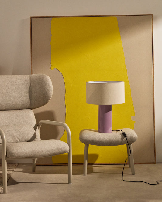 Lampada da tavolo Toneric in ceramica con finitura lilla e cotone