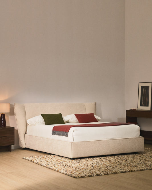 Letto sfoderabile Arvian in ciniglia beige con contenitore apribile per materasso 180 x 200 cm