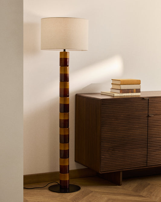 Piantana Mavran con base in ceramica marrone e senape e paralume in cotone