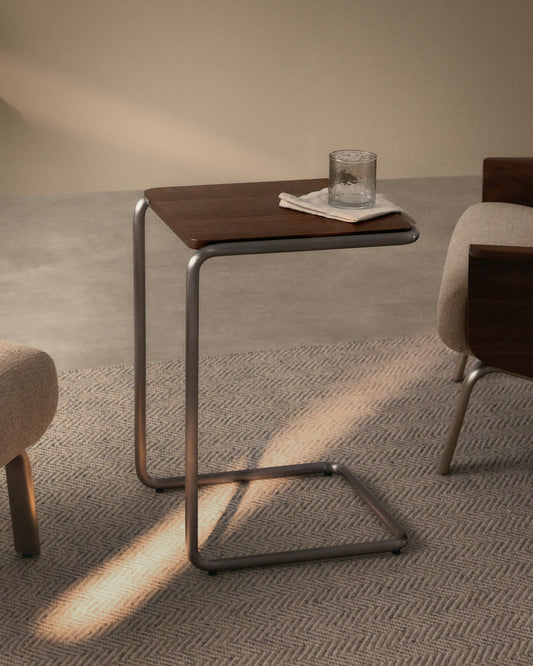 Tavolino da appoggio Tarsel in impiallacciato di noce con struttura in acciaio inox spazzolato 42 x 60 cm