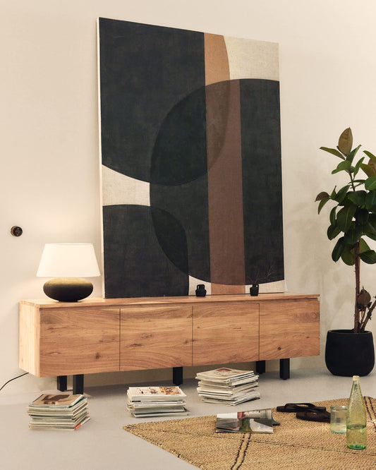 Mobile TV Uxue 4 ante in legno massiccio di acacia con finitura sbiancata 200 x 58 cm