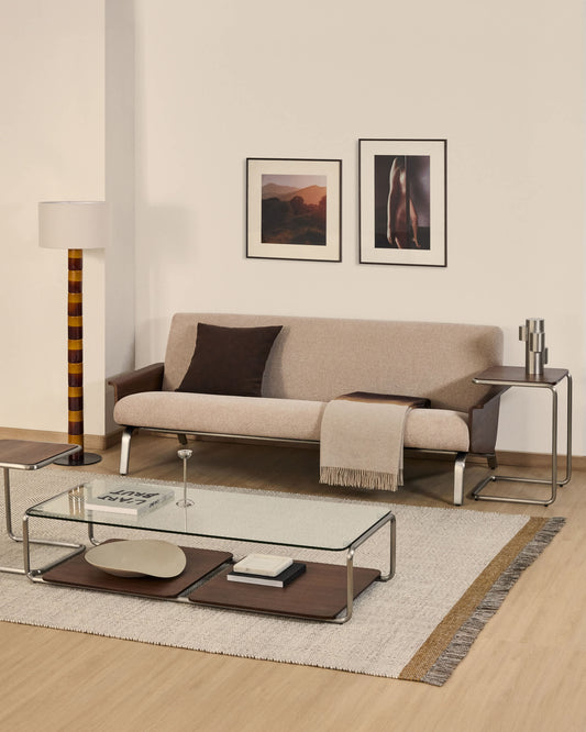 Divano Amsen 3 posti marrone chiaro in compensato di noce con gambe in acciaio inox spazzolato 205 cm