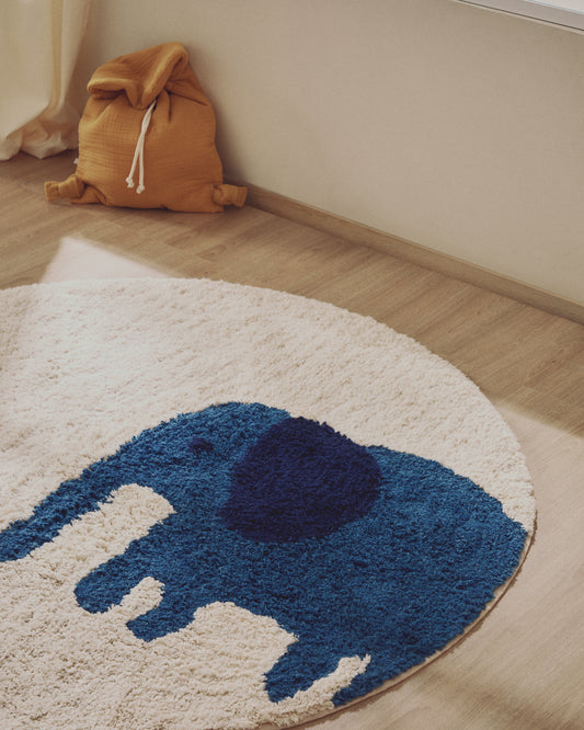 Tappeto rotondo Tandani in cotone beige con elefante blu Ø 100 cm