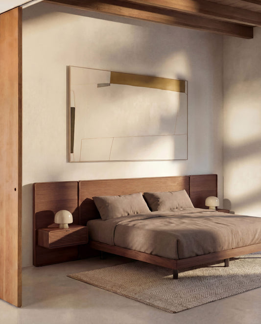 Letto Norlen con 2 comodini in impiallacciatura di noce con finitura scura e luce LED per materasso 180 x 200 cm