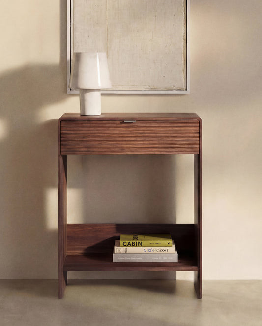 Consolle Norlen con cassetto e ripiano in impiallacciato di noce 60 x 81 cm