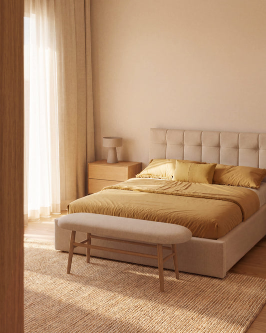 Panca Helda in ciniglia beige e legno massello di rovere FSC Mix Credit 122 cm