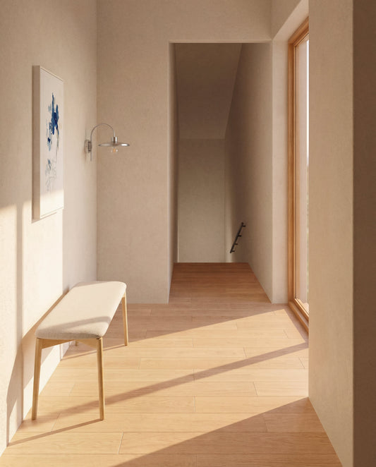 Panca Evera in ciniglia beige e impiallacciato di rovere con finitura naturale 122 cm