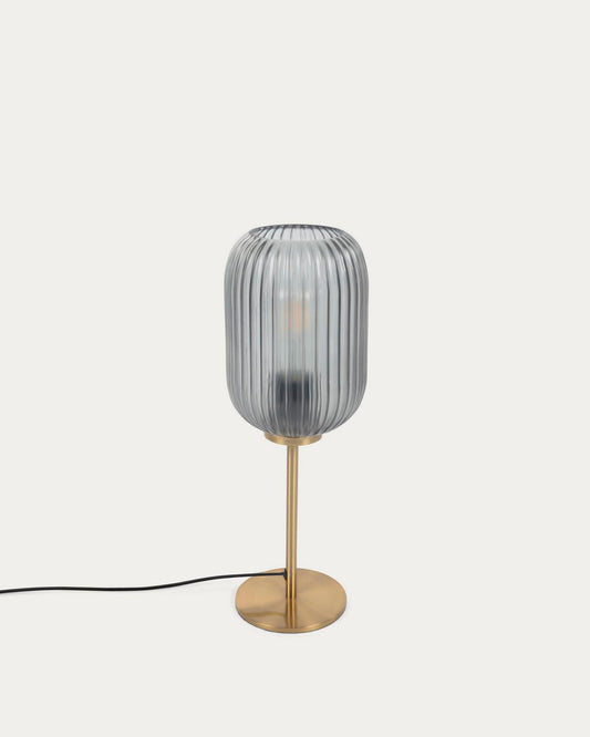 Lampada da tavolo Hestia in metallo con finitura in ottone e cristallo grigio