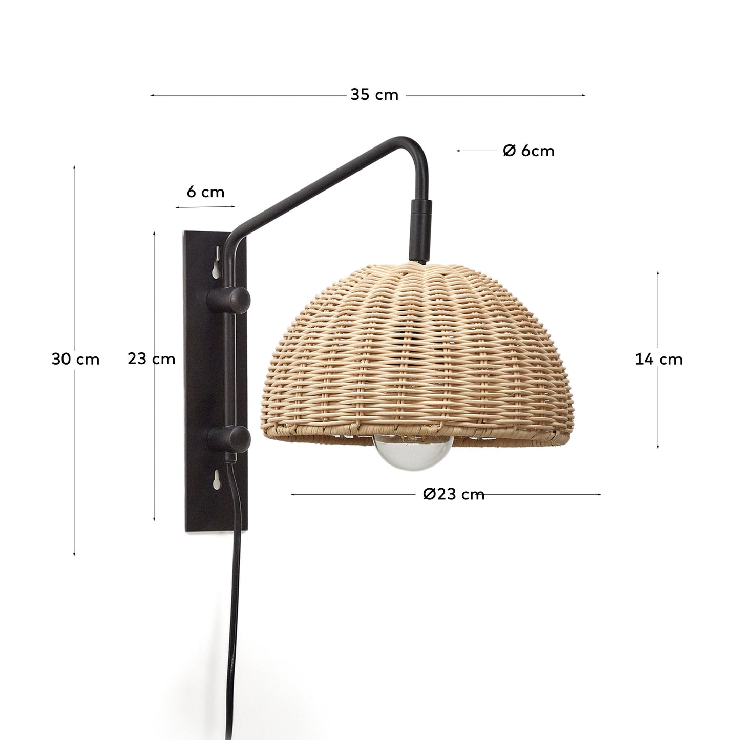 Lampada da parete Damila in metallo nero e rattan