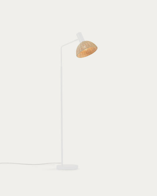 Lampada da terra Damila in metallo con finitura bianca e rattan con finitura naturale