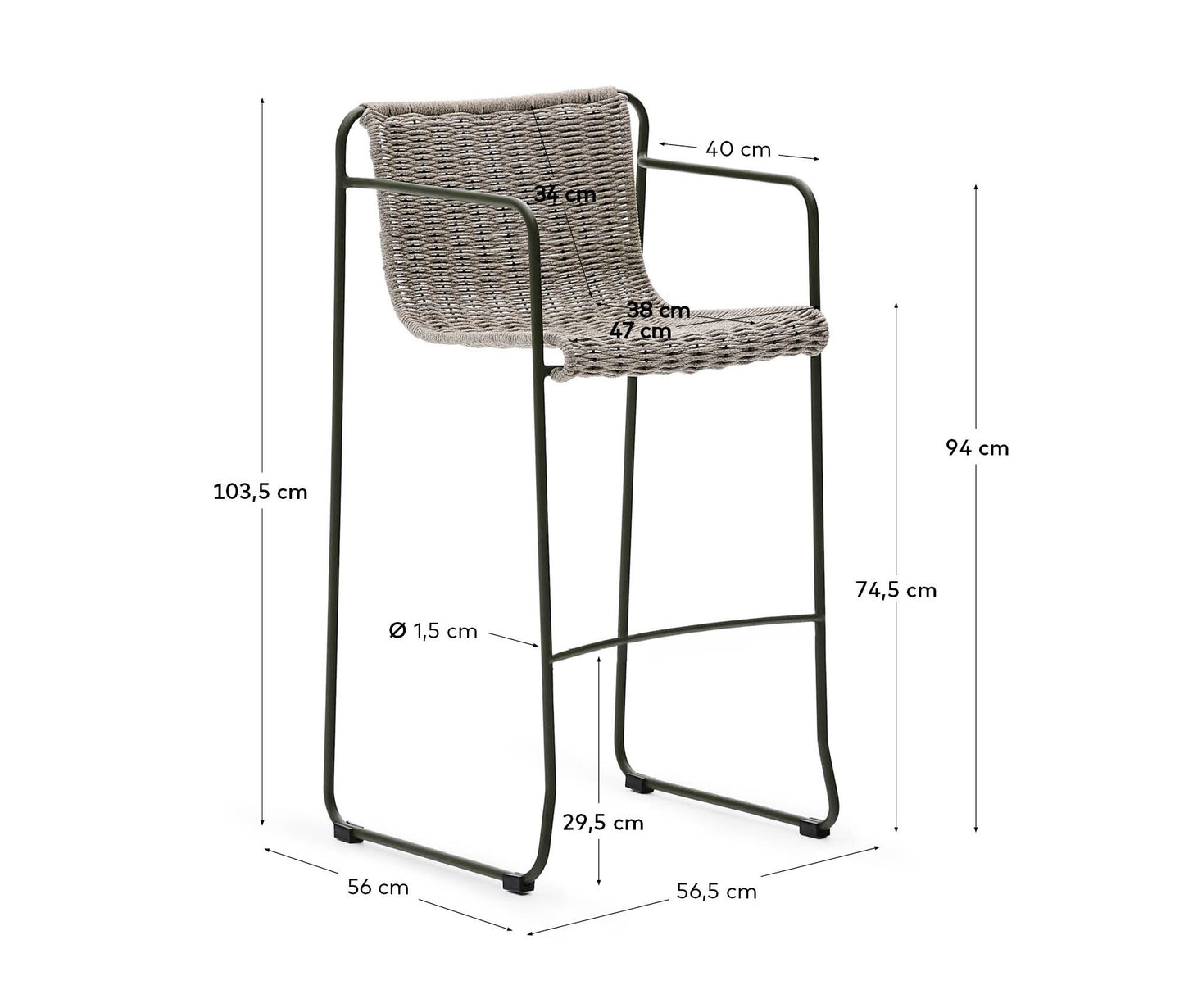 Sgabello Maurina in acciaio zincato verde e corda ecru e grigia 74,5 cm