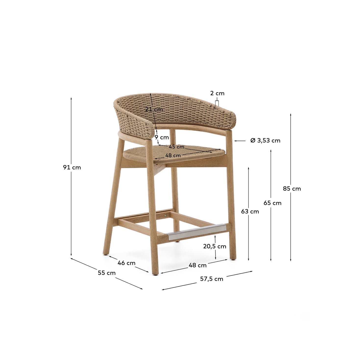 Sgabello Arinella in legno massiccio di acacia con finitura naturale e corda beige 65 cm