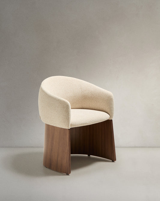 Sedia Bosca in ciniglia beige e impiallacciatura in noce