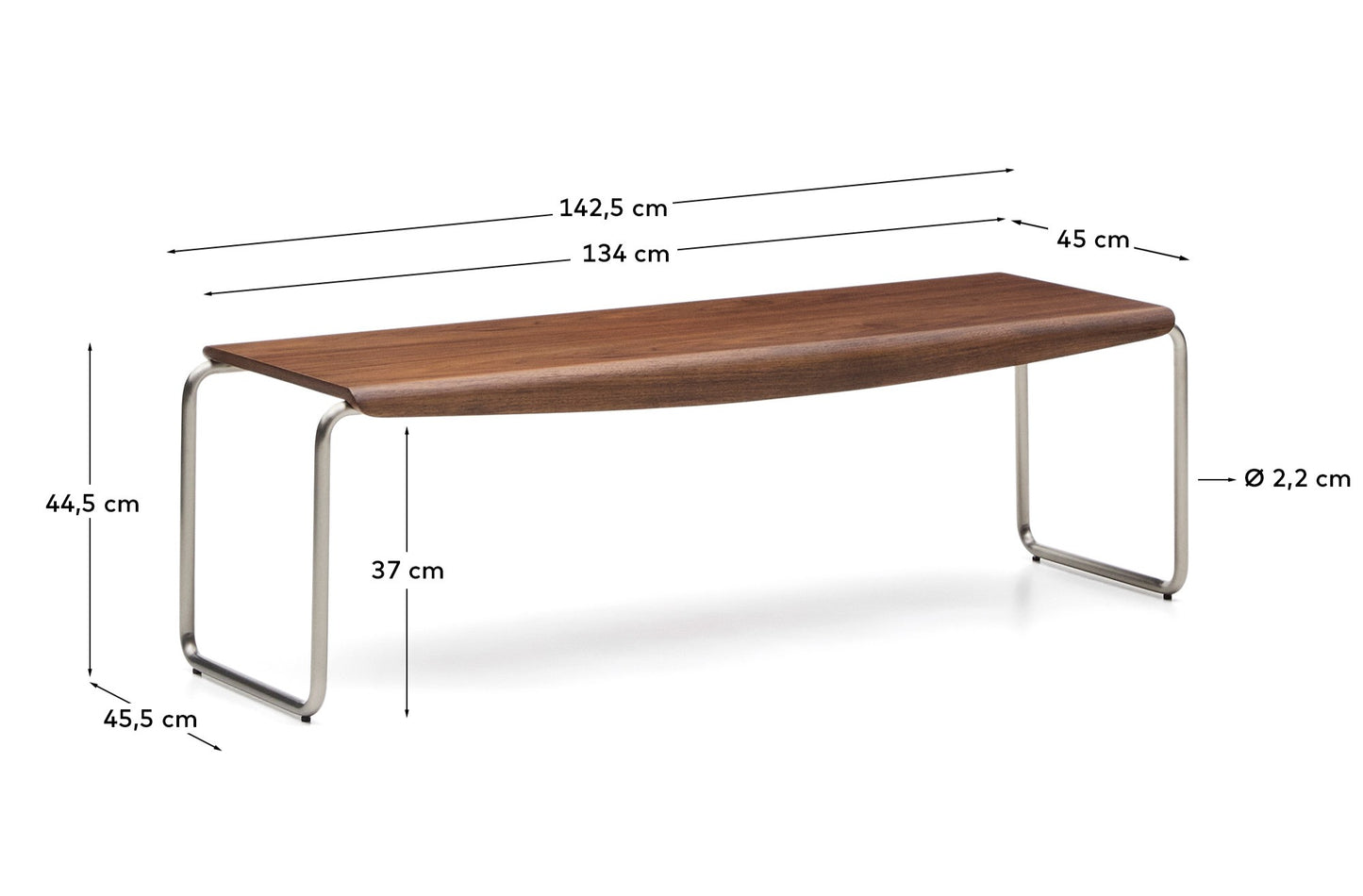 Panca Tarsel in impiallacciato di noce con struttura in acciaio inox spazzolato 142 cm