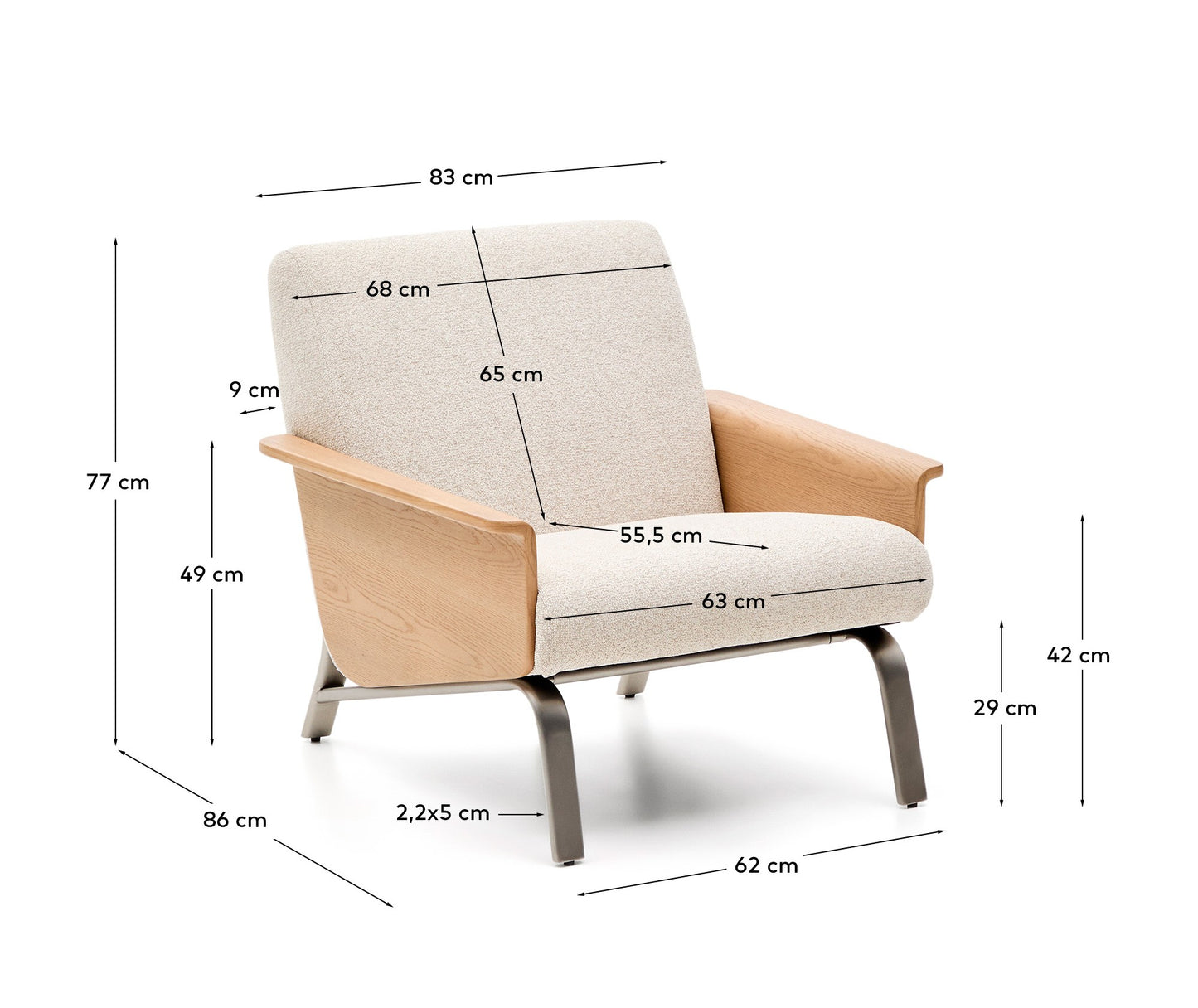 Poltrona Amsen beige in compensato di rovere e gambe in acciaio inox spazzolato