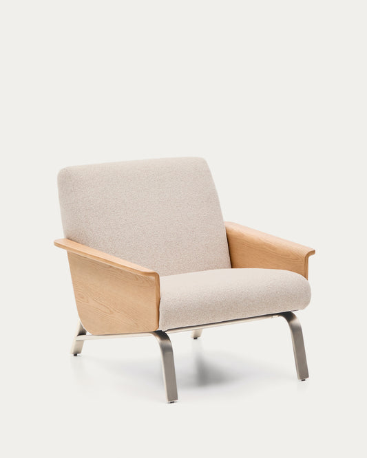 Poltrona Amsen beige in compensato di rovere e gambe in acciaio inox spazzolato
