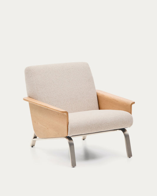 Poltrona Amsen beige in compensato di rovere e gambe in acciaio inox spazzolato