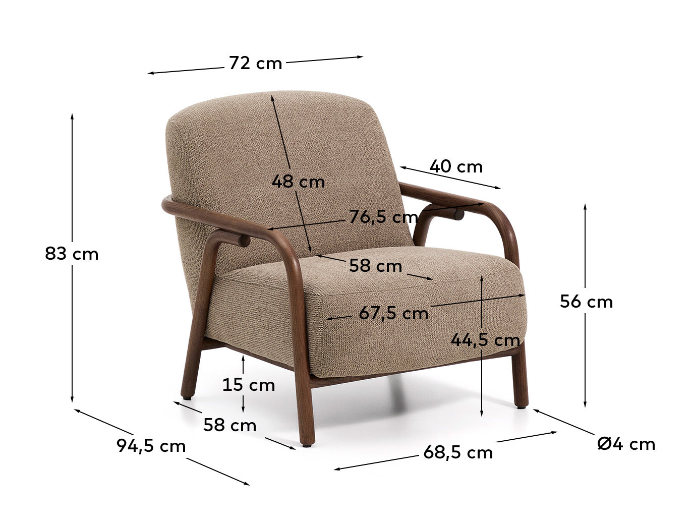 Poltrona Sylo in ciniglia tortora e legno massiccio di frassino con finitura color noce