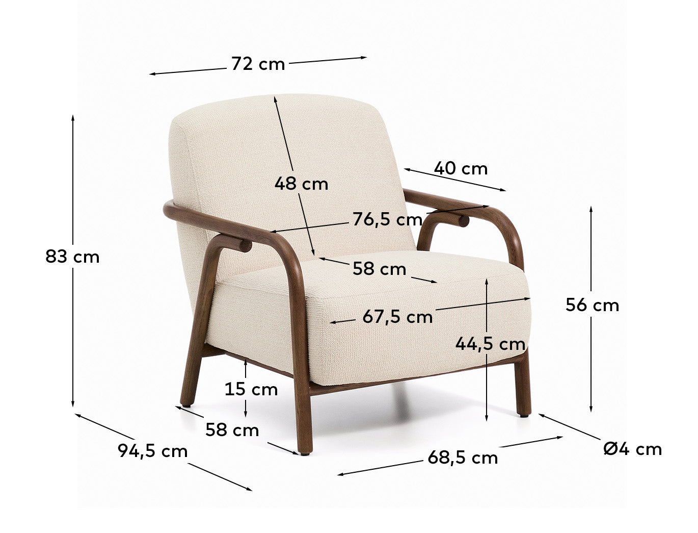 Poltrona Sylo in ciniglia beige e legno massiccio di frassino con finitura color noce