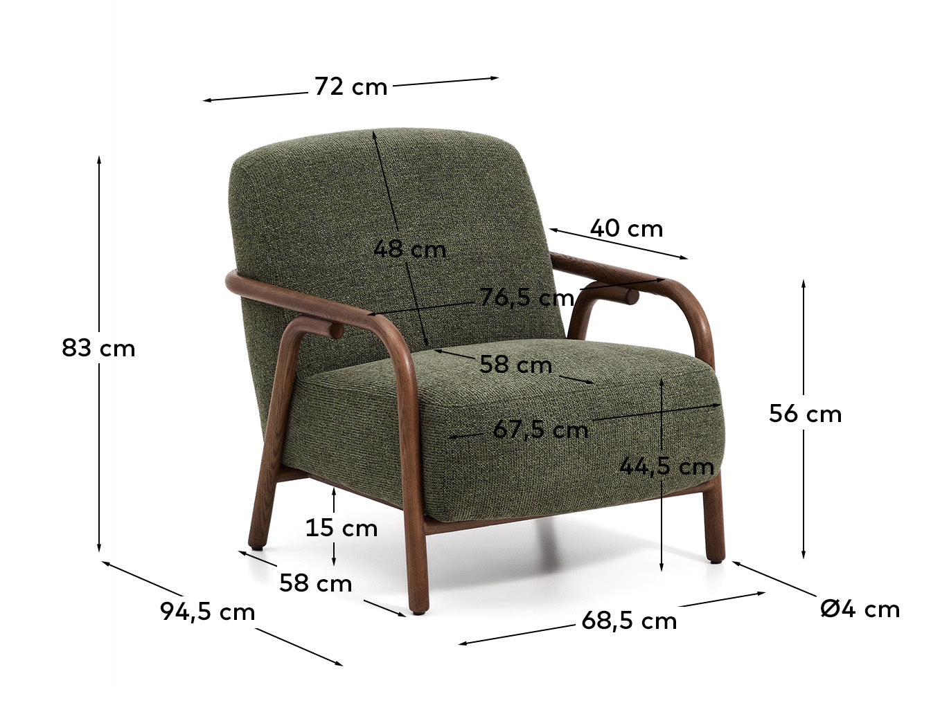 Poltrona Sylo in ciniglia verde scuro e legno massiccio di frassino con finitura color noce