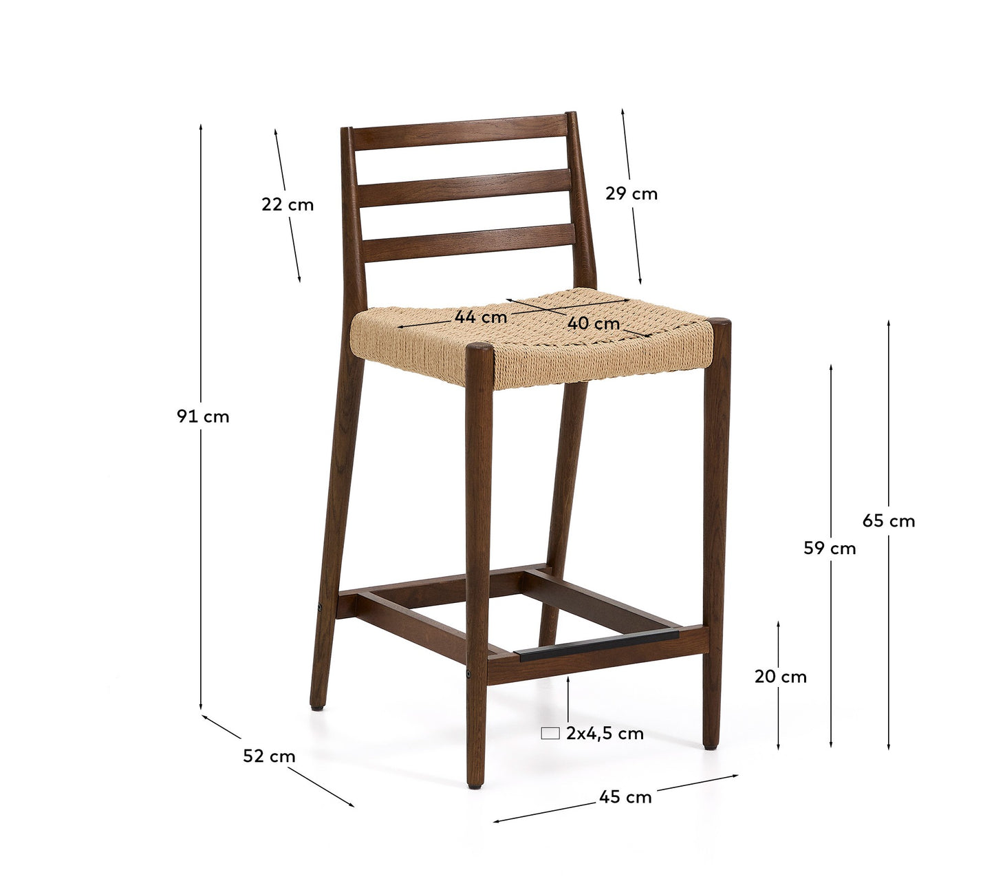 Sgabello Analy con schienale in legno massello di rovere con finitura noce e seduta in corda, 65 cm