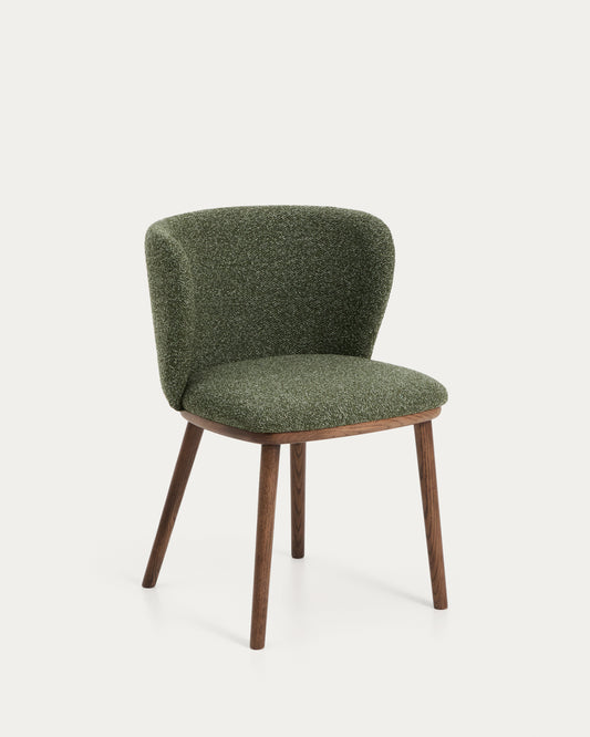 Sedia Ciselia in ciniglia spessa verde scuro e gambe in legno massiccio di frassino con finitura noce