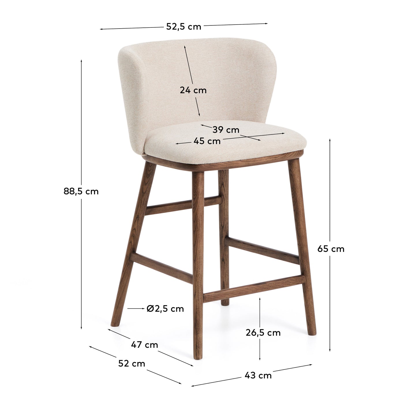 Sgabello Ciselia in ciniglia beige e gambe in legno massiccio di frassino con finitura noce 65 cm