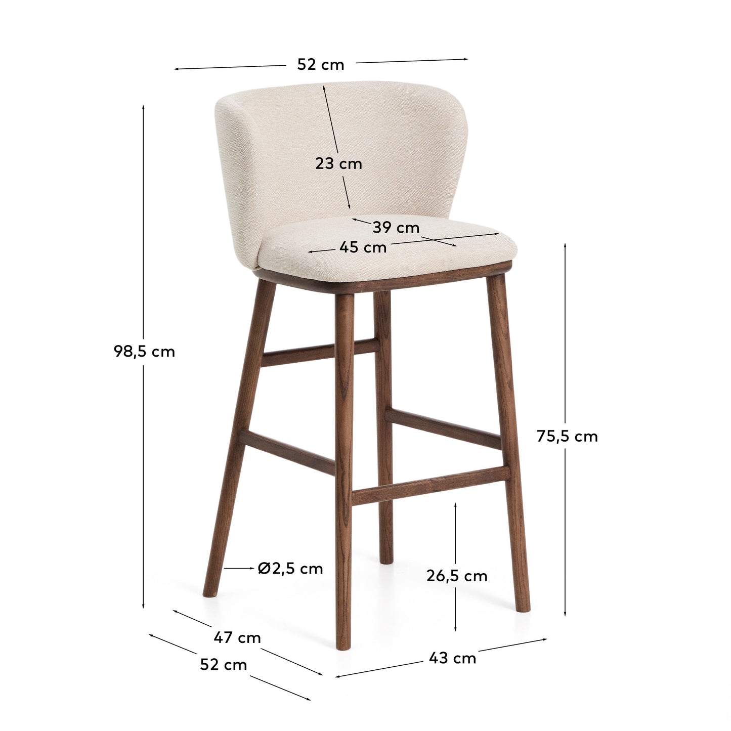 Sgabello Ciselia in ciniglia beige e gambe in legno massiccio di frassino con finitura noce 75 cm