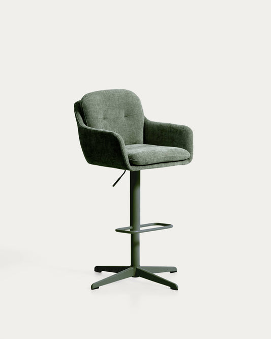 Sgabello girevole Lexa in ciniglia verde con gambe in acciaio con finitura verde