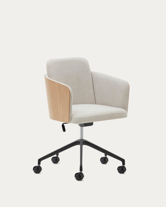 Sedia da scrivania Madai in ciniglia beige e impiallacciatura di frassino con finitura naturale FSC Mix Credit