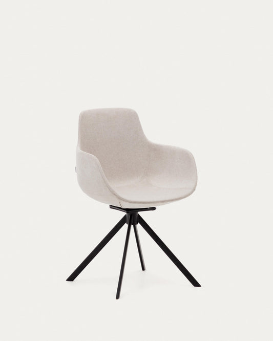 Sedia girevole con ritorno automatico Tissiana di ciniglia beige e alluminio nero opaco