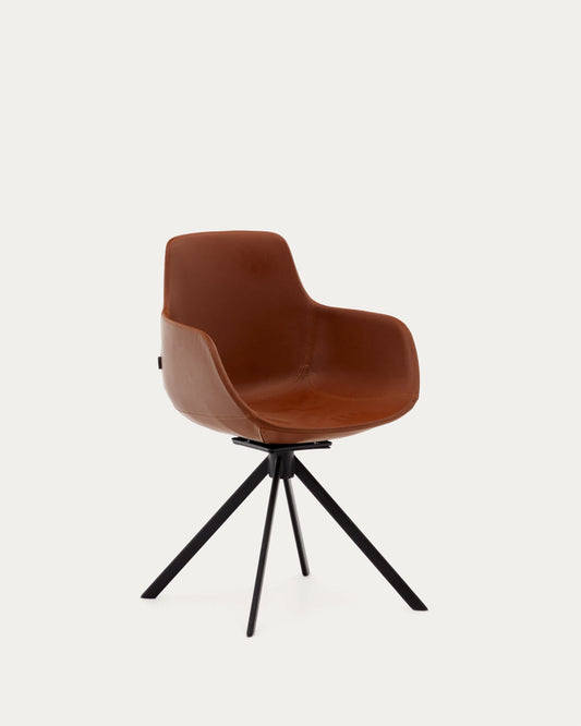Sedia girevole con ritorno automatico Tissiana di pelle sintetica marrone alluminio nero opaco