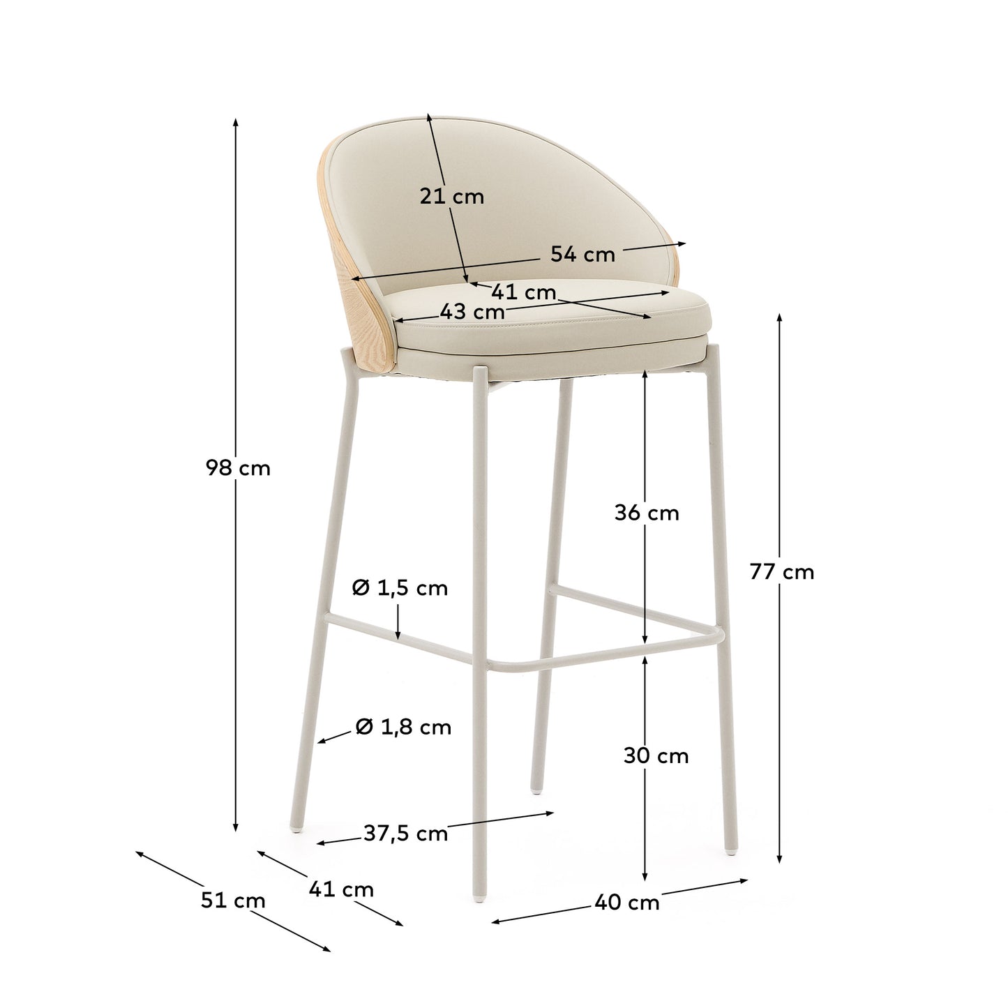 Sgabello Eamy di pelle sintetica beige, impiallacciatura in frassino finitura naturale 77 cm