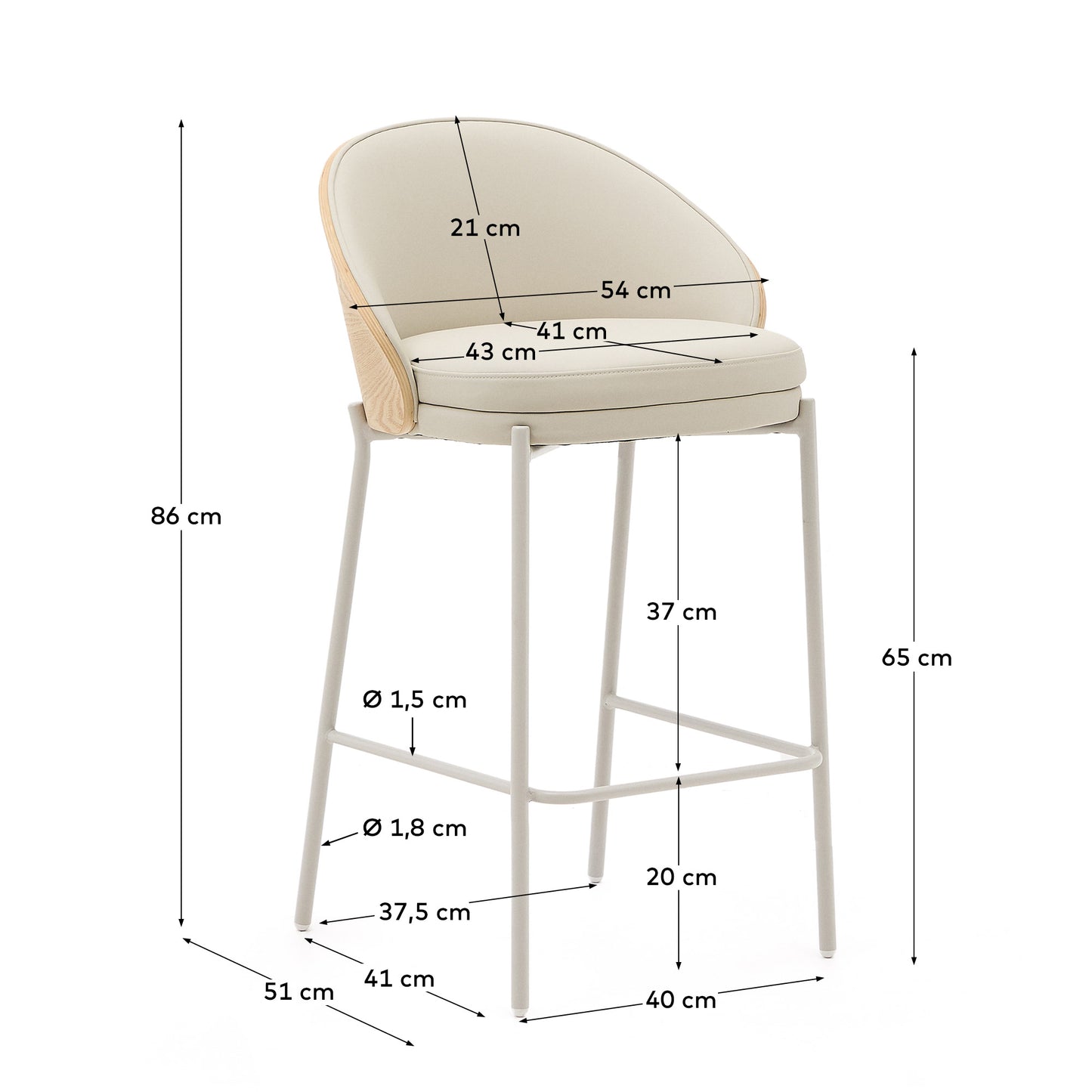 Sgabello Eamy di pelle sintetica beige, impiallacciatura in frassino finitura naturale 65 cm